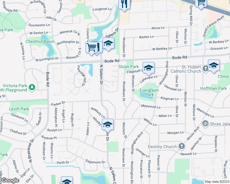 map of restaurants, bars, coffee shops, grocery stores, and more near 600 Woodlawn Street in Hoffman Estates