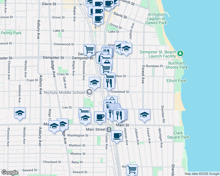 map of restaurants, bars, coffee shops, grocery stores, and more near 1111 Chicago Avenue in Evanston
