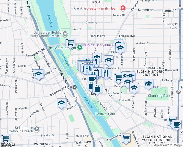 map of restaurants, bars, coffee shops, grocery stores, and more near in Elgin