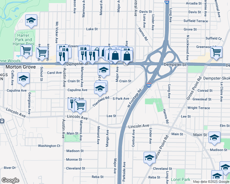 map of restaurants, bars, coffee shops, grocery stores, and more near 5700 South Park Avenue in Morton Grove