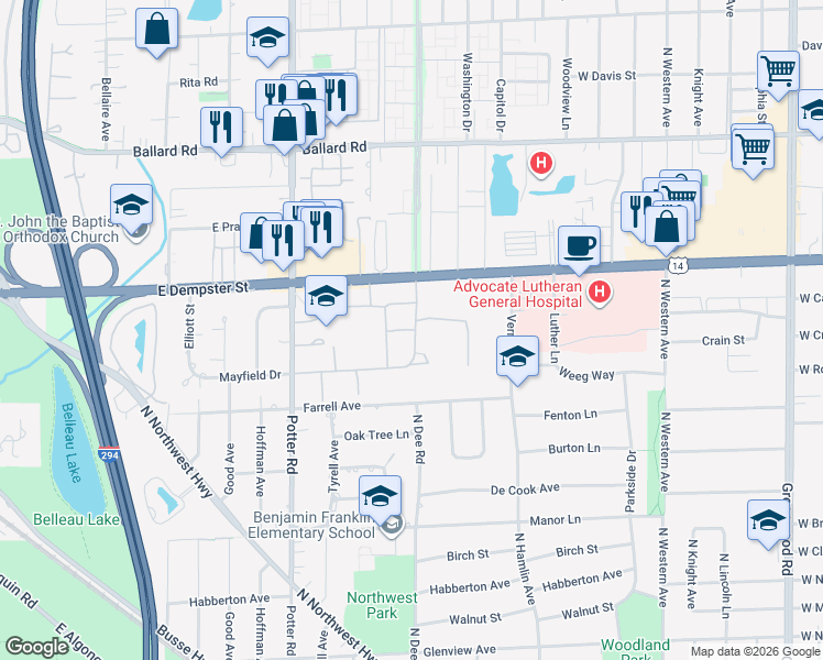 map of restaurants, bars, coffee shops, grocery stores, and more near 2601 Dempster Street in Des Plaines