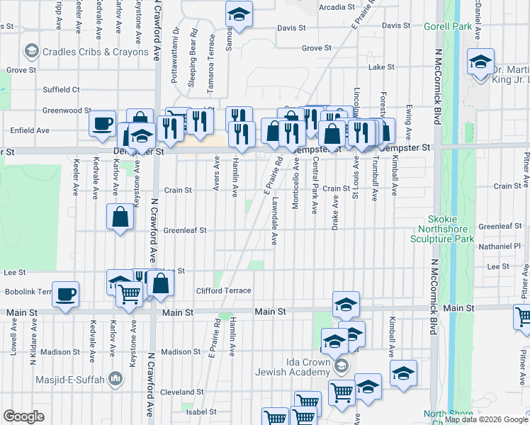map of restaurants, bars, coffee shops, grocery stores, and more near 8611 East Prairie Road in Skokie