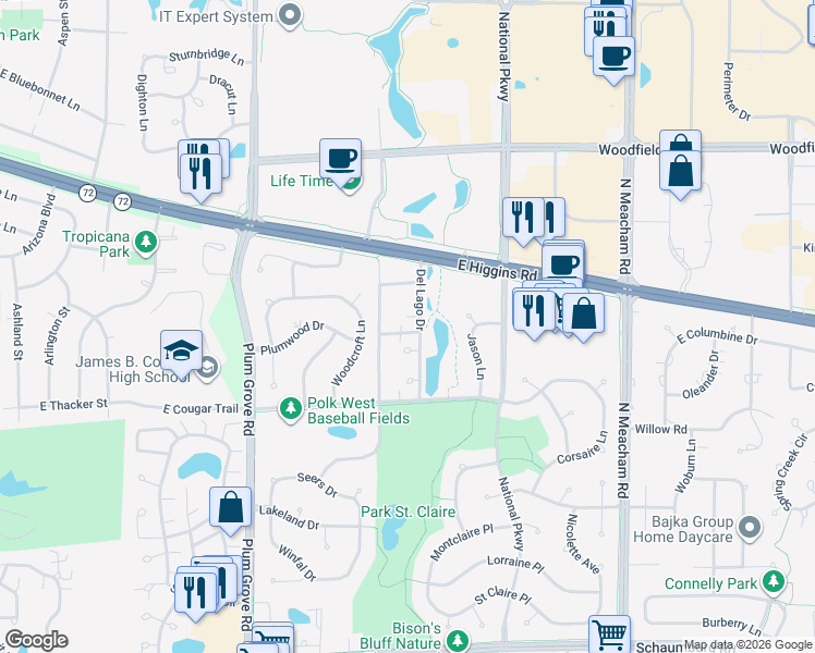 map of restaurants, bars, coffee shops, grocery stores, and more near 1017 Casa Drive in Schaumburg