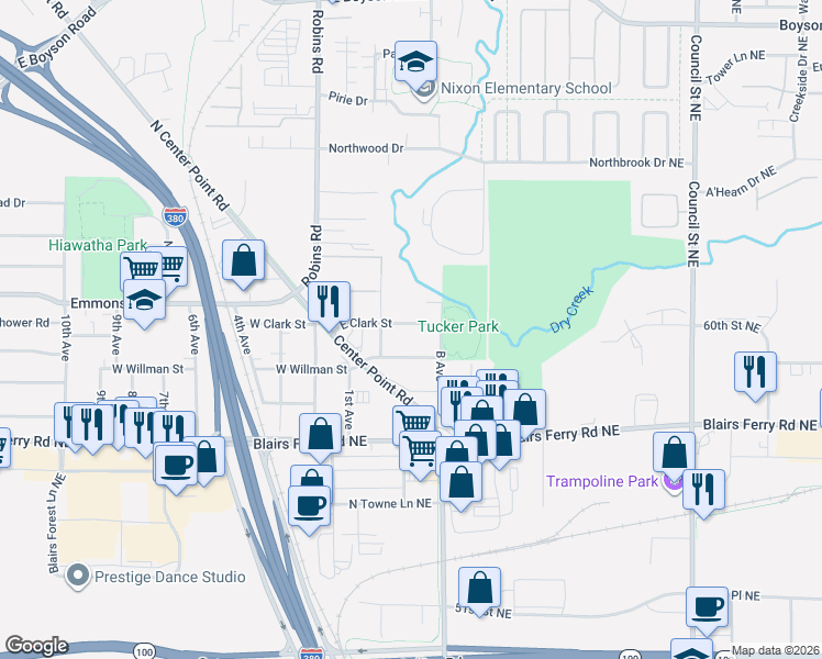 map of restaurants, bars, coffee shops, grocery stores, and more near 108 East Clark Street in Hiawatha