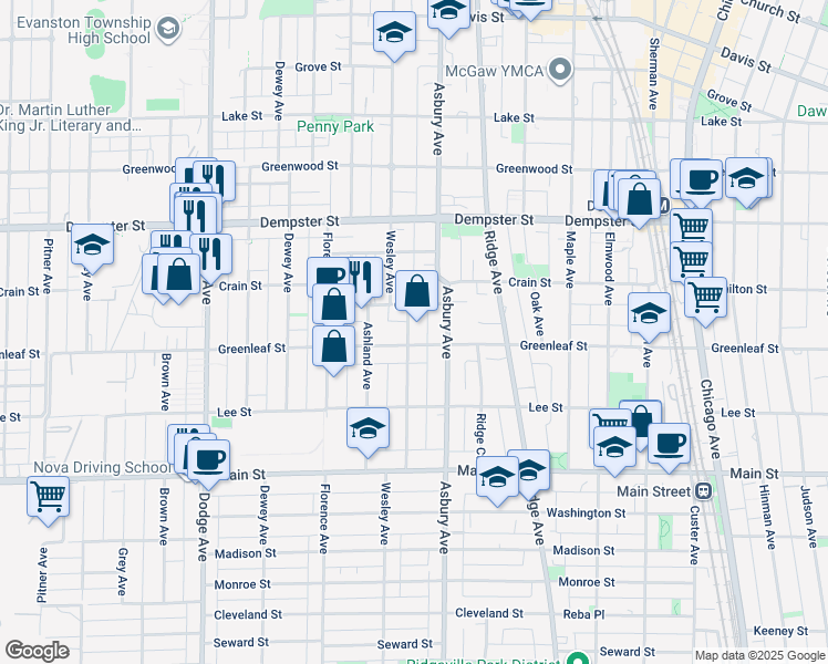 map of restaurants, bars, coffee shops, grocery stores, and more near in Evanston