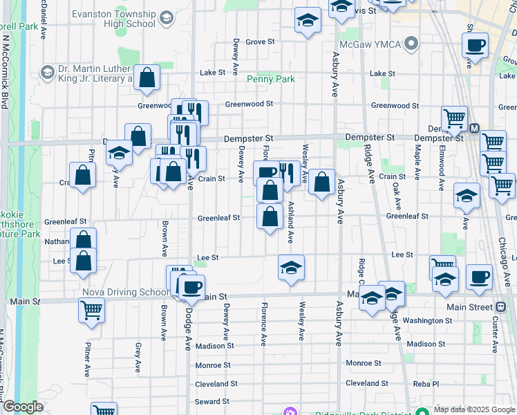 map of restaurants, bars, coffee shops, grocery stores, and more near 1526 Greenleaf Street in Evanston