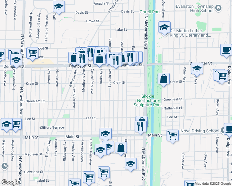 map of restaurants, bars, coffee shops, grocery stores, and more near 8601 Saint Louis Avenue in Skokie