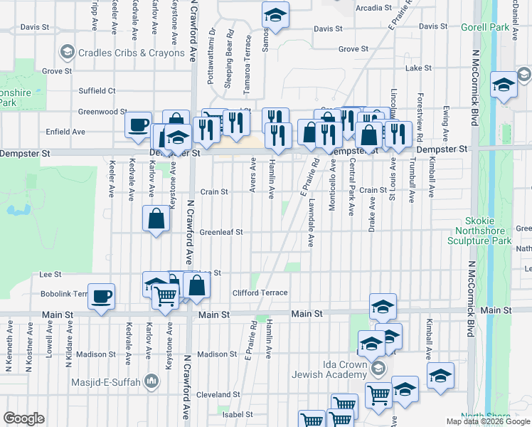 map of restaurants, bars, coffee shops, grocery stores, and more near 8609 Hamlin Avenue in Skokie