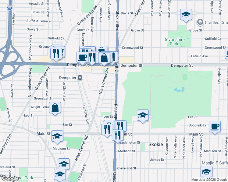 map of restaurants, bars, coffee shops, grocery stores, and more near 8611 U.S. 41 in Skokie