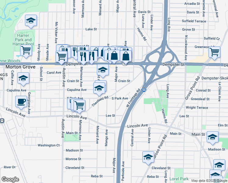 map of restaurants, bars, coffee shops, grocery stores, and more near 5700 South Park Avenue in Morton Grove