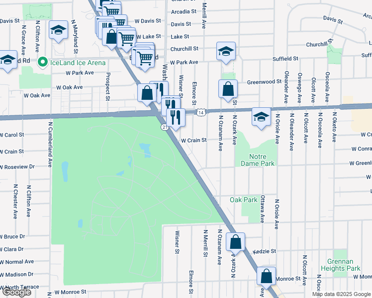 map of restaurants, bars, coffee shops, grocery stores, and more near 8625 North Milwaukee Avenue in Niles