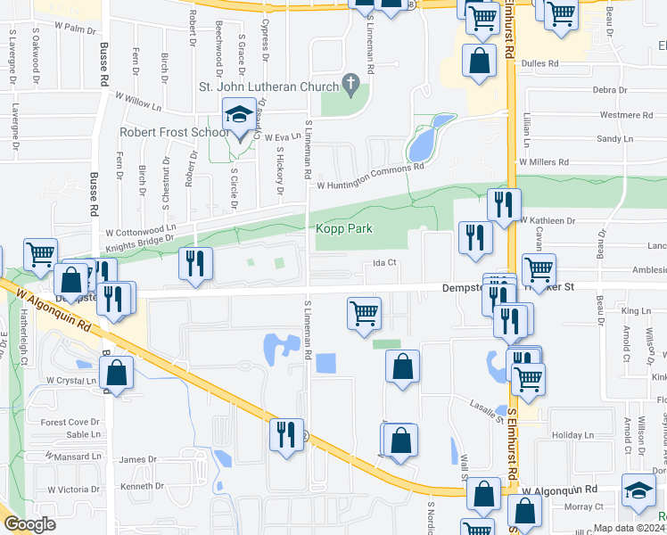 map of restaurants, bars, coffee shops, grocery stores, and more near 648 Dempster Avenue in Mount Prospect