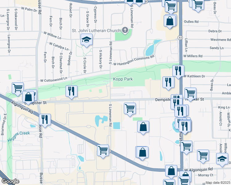 map of restaurants, bars, coffee shops, grocery stores, and more near 648 Dempster Avenue in Mount Prospect