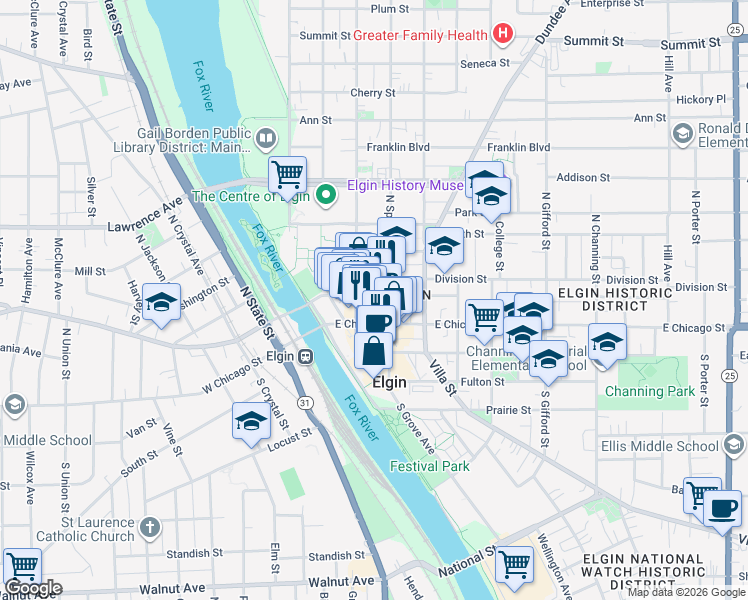 map of restaurants, bars, coffee shops, grocery stores, and more near in Elgin