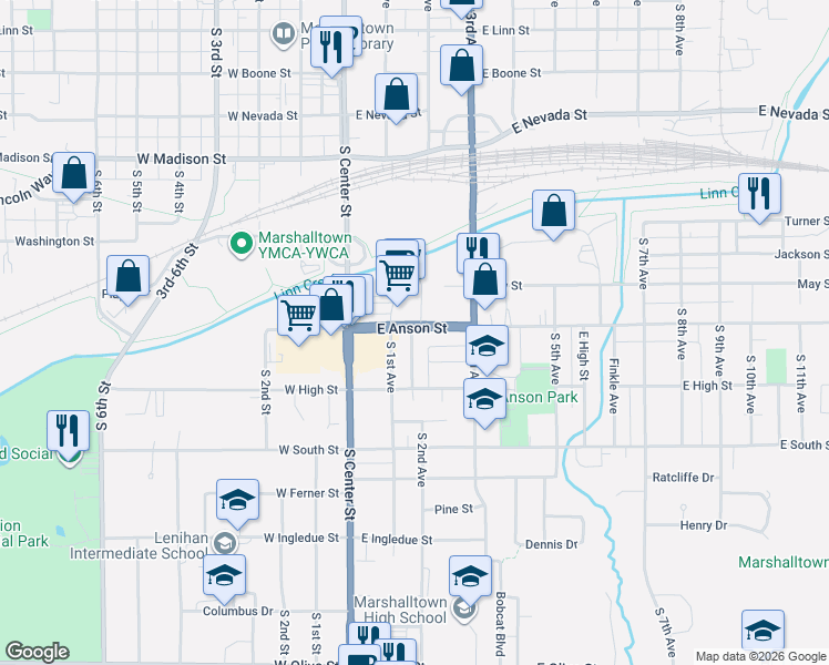 map of restaurants, bars, coffee shops, grocery stores, and more near 900-912 South 2nd Avenue in Marshalltown