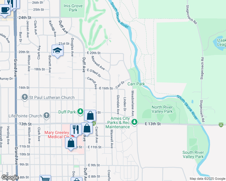 map of restaurants, bars, coffee shops, grocery stores, and more near 1517 Glendale Avenue in Ames