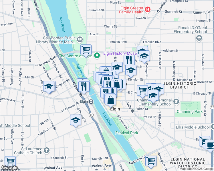map of restaurants, bars, coffee shops, grocery stores, and more near 1 Douglas Avenue in Elgin