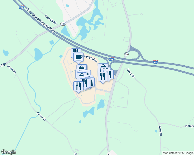 map of restaurants, bars, coffee shops, grocery stores, and more near Outlet Boulevard in Wrentham