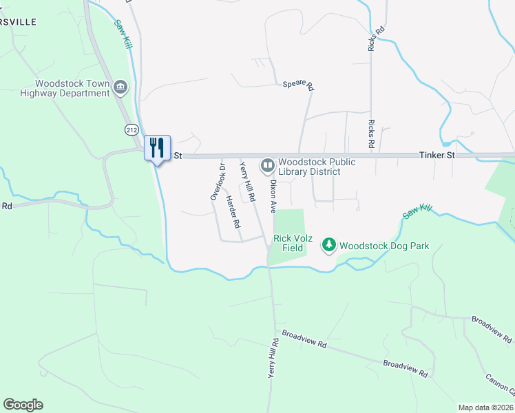 map of restaurants, bars, coffee shops, grocery stores, and more near 29 Yerry Hill Road in Woodstock