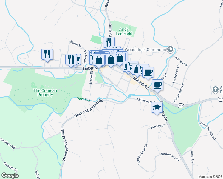map of restaurants, bars, coffee shops, grocery stores, and more near 4 Streamside Terrace in Woodstock
