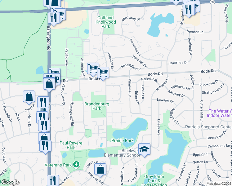 map of restaurants, bars, coffee shops, grocery stores, and more near 2225 Hyde Court in Schaumburg