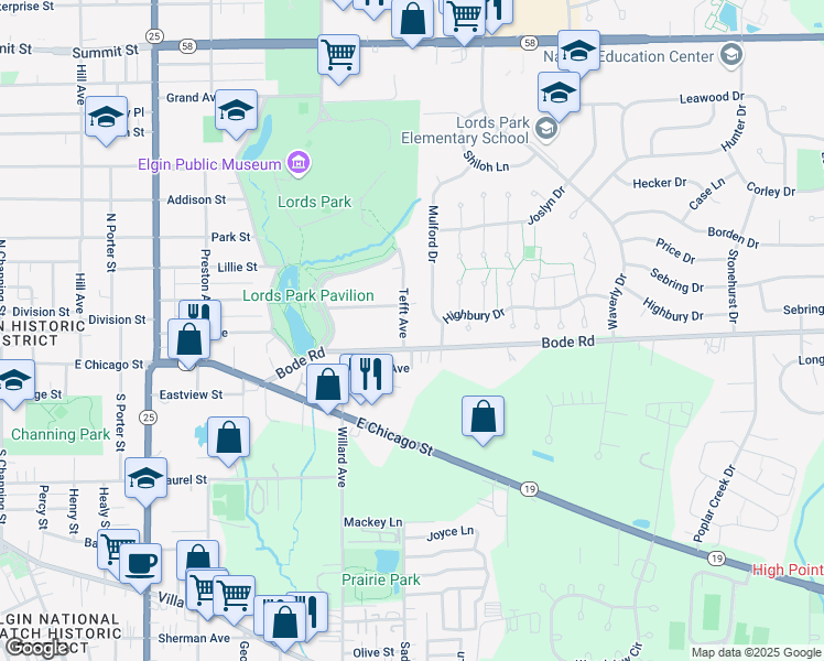 map of restaurants, bars, coffee shops, grocery stores, and more near in Elgin