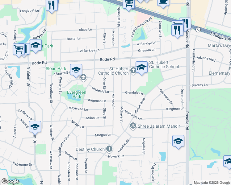 map of restaurants, bars, coffee shops, grocery stores, and more near 600 Morton Street in Hoffman Estates