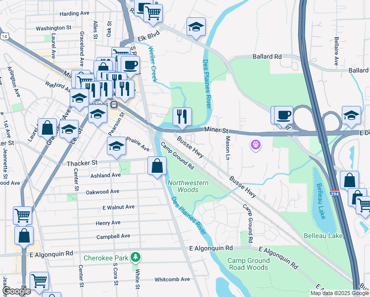 map of restaurants, bars, coffee shops, grocery stores, and more near 1777 Busse Highway in Des Plaines