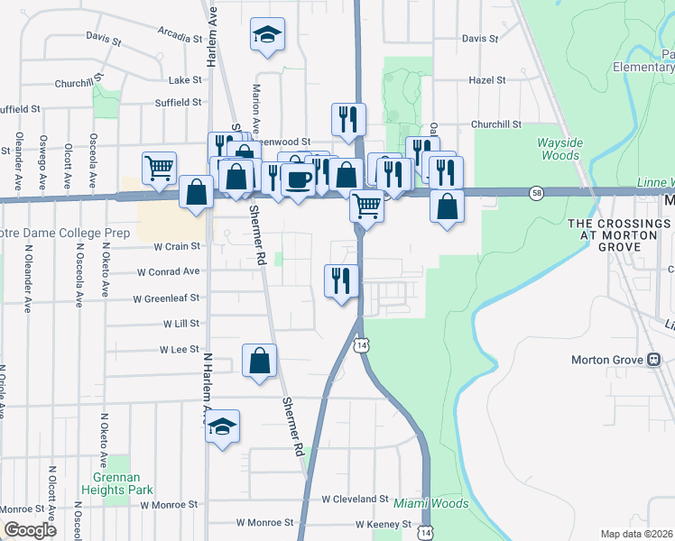 map of restaurants, bars, coffee shops, grocery stores, and more near 8600 Waukegan Road in Morton Grove