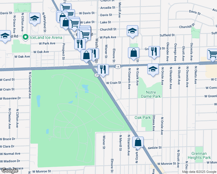 map of restaurants, bars, coffee shops, grocery stores, and more near 8625 North Milwaukee Avenue in Niles