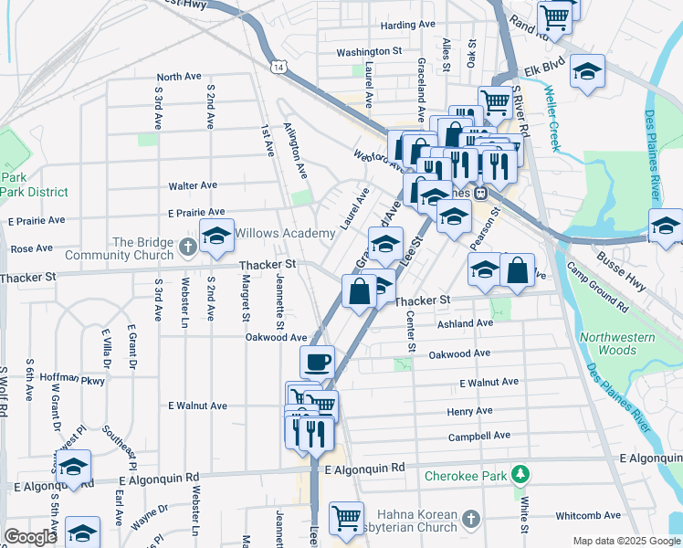 map of restaurants, bars, coffee shops, grocery stores, and more near 1277 Thacker Street in Des Plaines