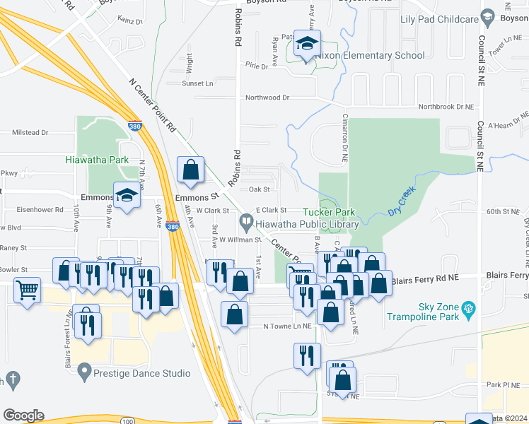 map of restaurants, bars, coffee shops, grocery stores, and more near 95 Willman St in Hiawatha