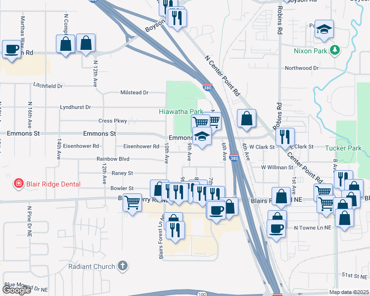 map of restaurants, bars, coffee shops, grocery stores, and more near 150 9th Avenue in Hiawatha