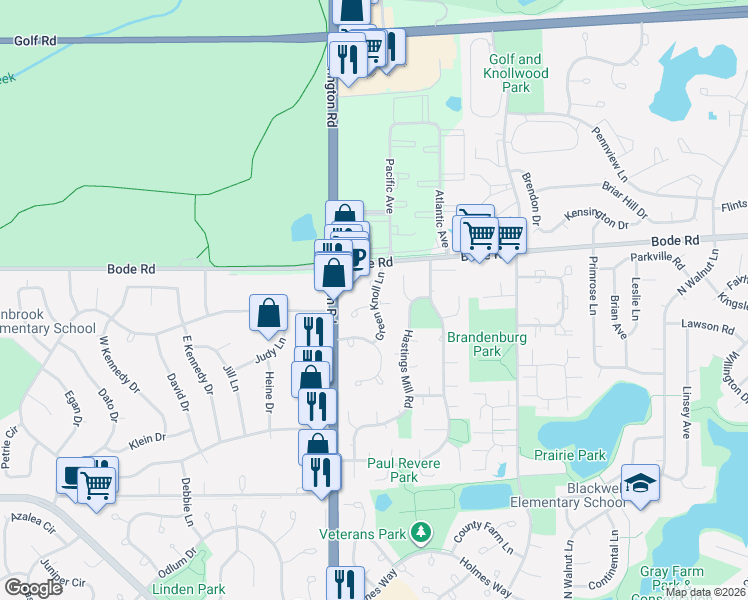 map of restaurants, bars, coffee shops, grocery stores, and more near 305 Green Knoll Lane in Streamwood