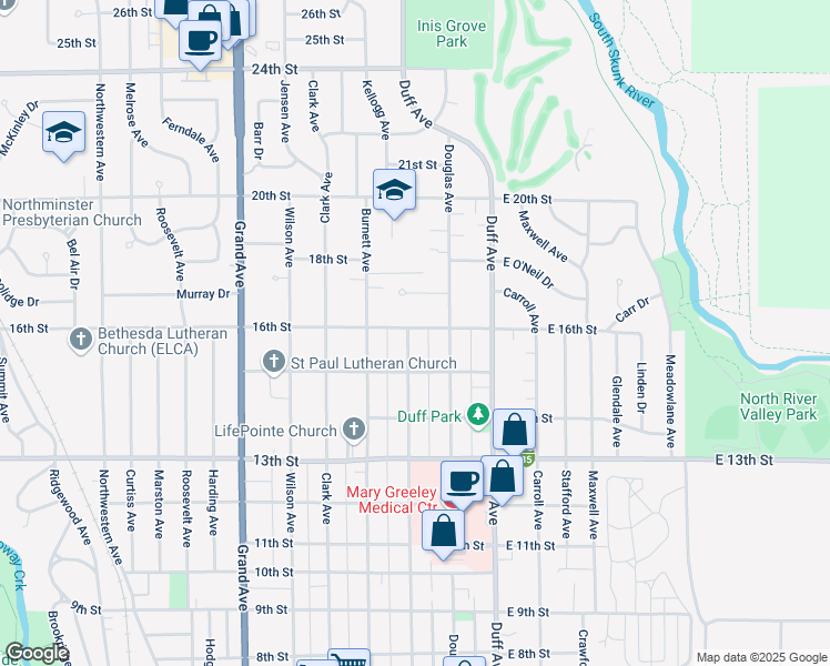map of restaurants, bars, coffee shops, grocery stores, and more near 1532 Kellogg Avenue in Ames
