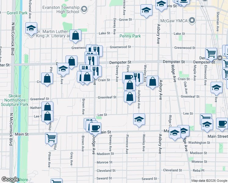 map of restaurants, bars, coffee shops, grocery stores, and more near 1047 Dewey Avenue in Evanston