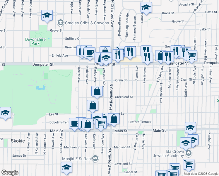 map of restaurants, bars, coffee shops, grocery stores, and more near 8609 Crawford Avenue in Skokie