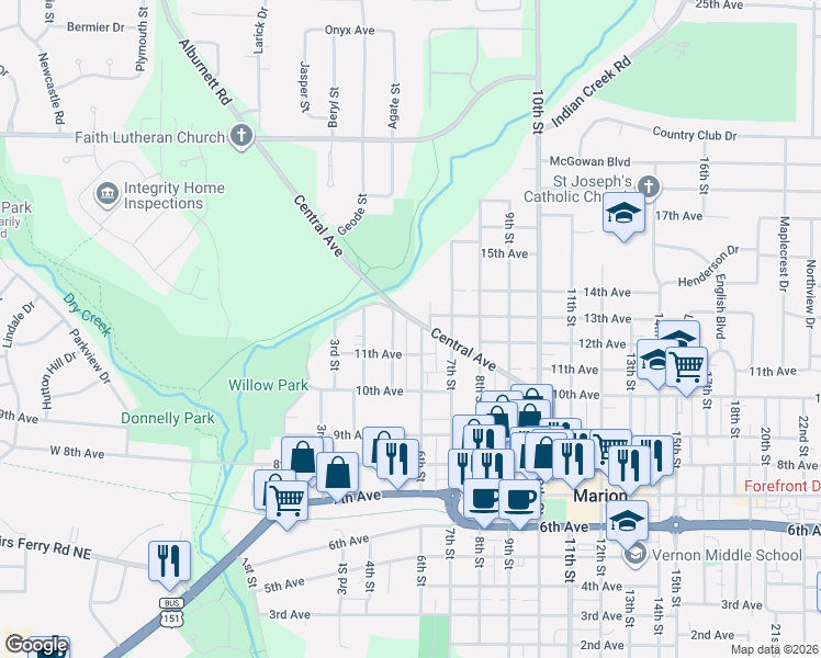 map of restaurants, bars, coffee shops, grocery stores, and more near 500 11th Avenue in Marion