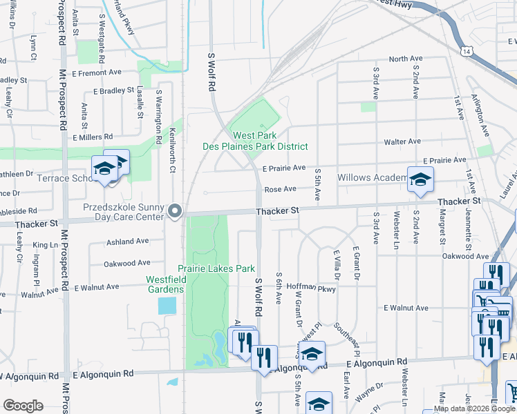 map of restaurants, bars, coffee shops, grocery stores, and more near 790 South Wolf Road in Des Plaines