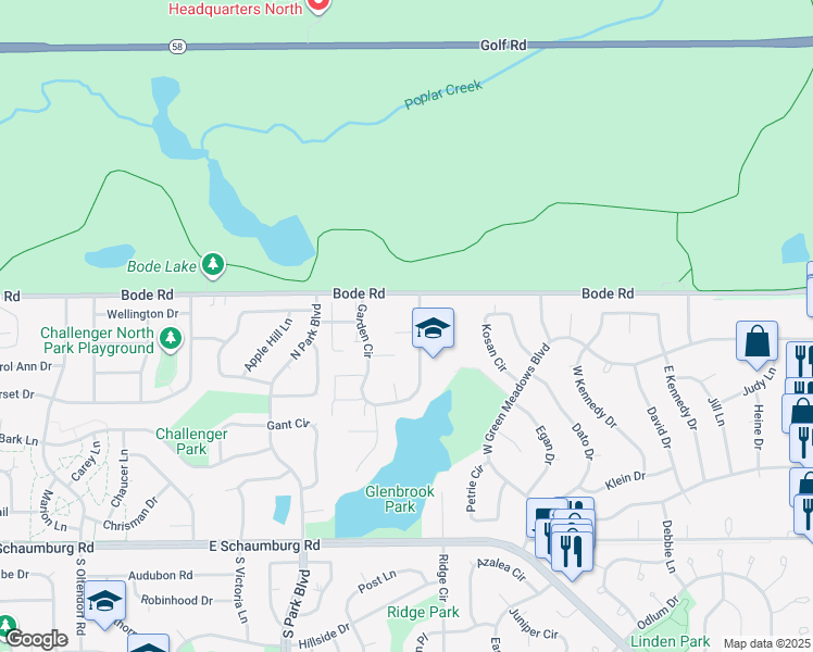 map of restaurants, bars, coffee shops, grocery stores, and more near 4 Woodmar Court in Streamwood