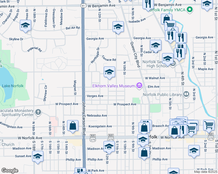 map of restaurants, bars, coffee shops, grocery stores, and more near 600 North 12th Street in Norfolk