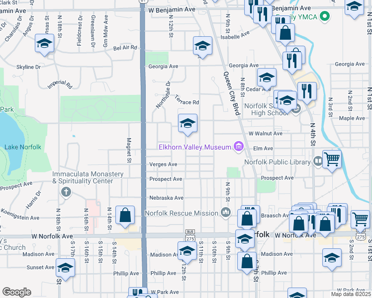 map of restaurants, bars, coffee shops, grocery stores, and more near 600 North 12th Street in Norfolk