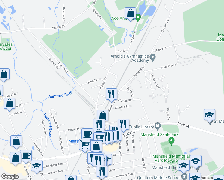 map of restaurants, bars, coffee shops, grocery stores, and more near 73 Angell Street in Mansfield