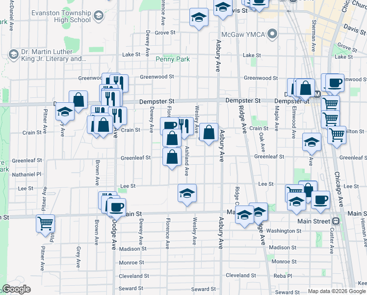 map of restaurants, bars, coffee shops, grocery stores, and more near 1426 Greenleaf Street in Evanston