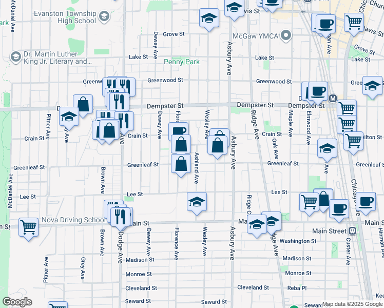 map of restaurants, bars, coffee shops, grocery stores, and more near 1426 Greenleaf Street in Evanston