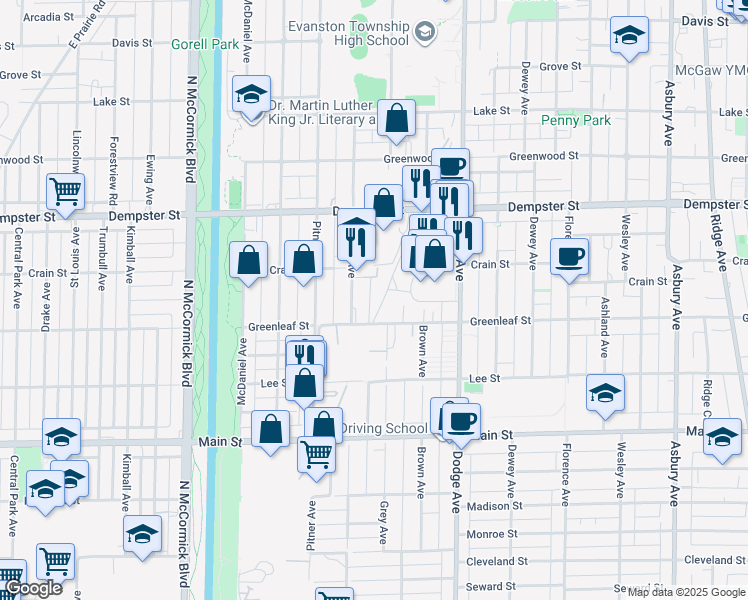 map of restaurants, bars, coffee shops, grocery stores, and more near 2117 Greenleaf Street in Evanston