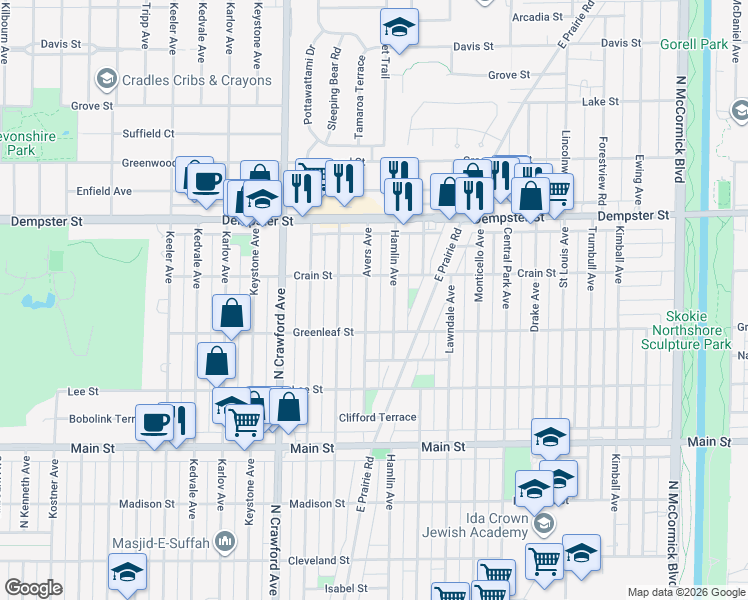 map of restaurants, bars, coffee shops, grocery stores, and more near 8610 Avers Avenue in Skokie
