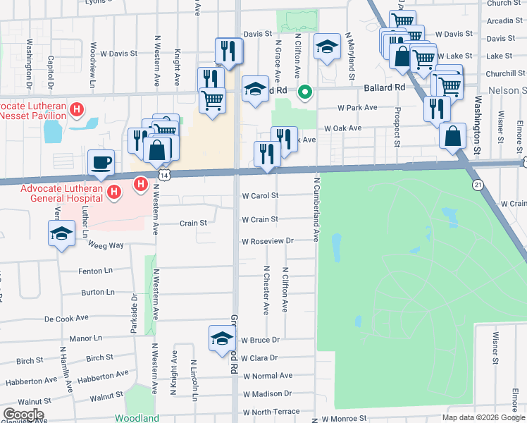map of restaurants, bars, coffee shops, grocery stores, and more near 8501 West Crain Street in Niles