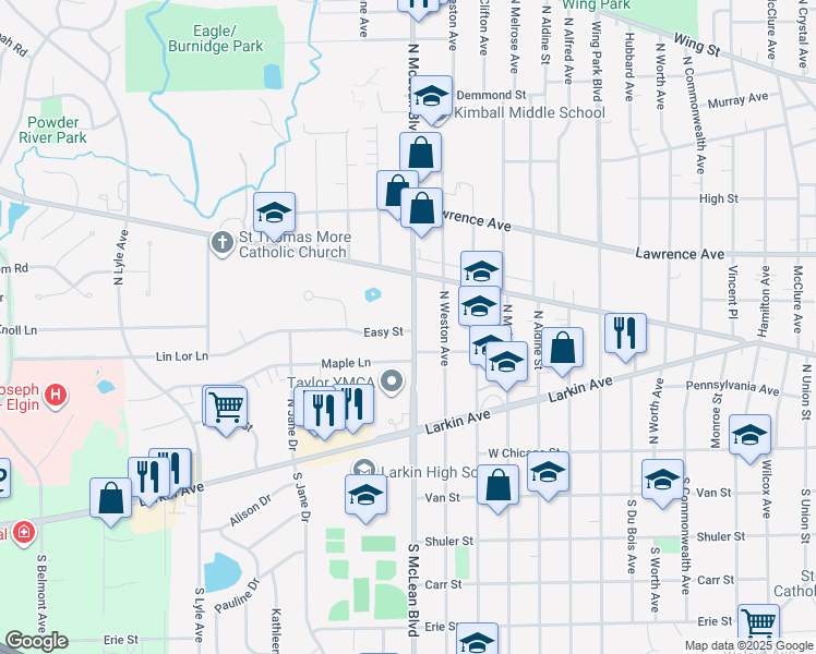 map of restaurants, bars, coffee shops, grocery stores, and more near 1422 Maple Lane in Elgin