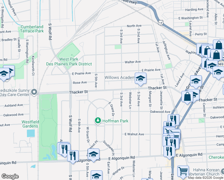 map of restaurants, bars, coffee shops, grocery stores, and more near 838 Northeast Place in Des Plaines
